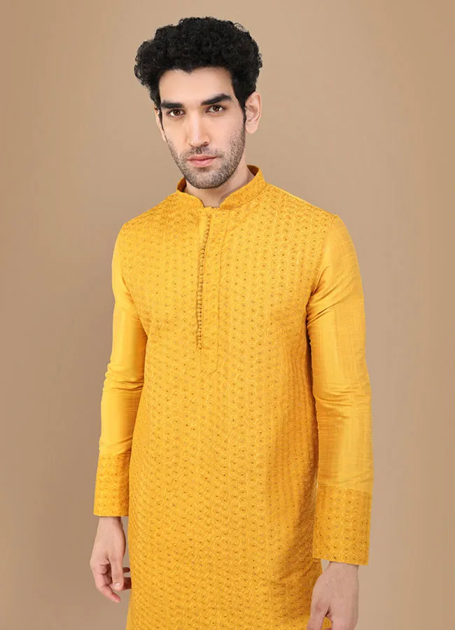 Manyawar Amber Yellow Self Design Kurta Set