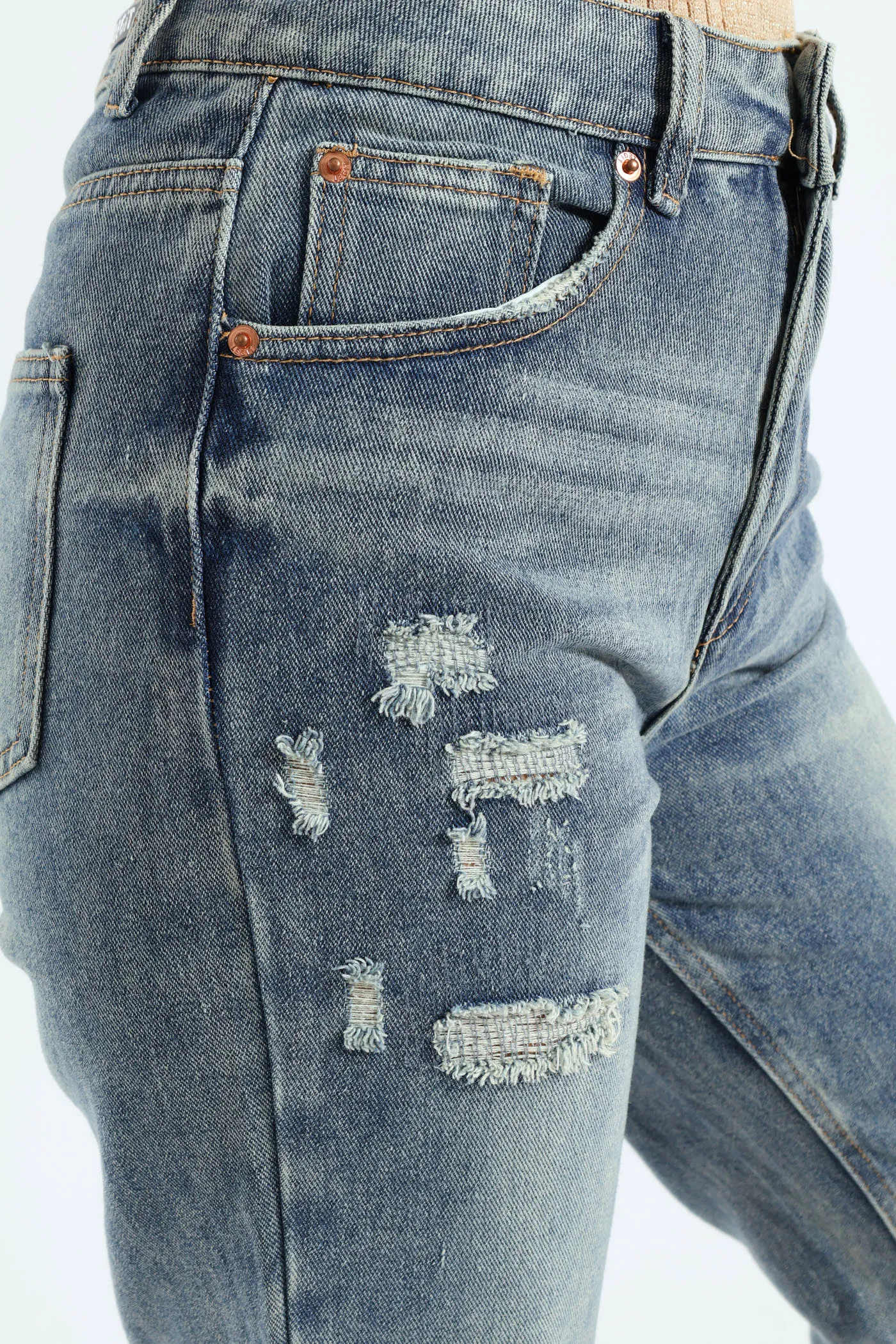 Mended Abrasion Turn-Up Hem Straight Leg Jean- Stonewash