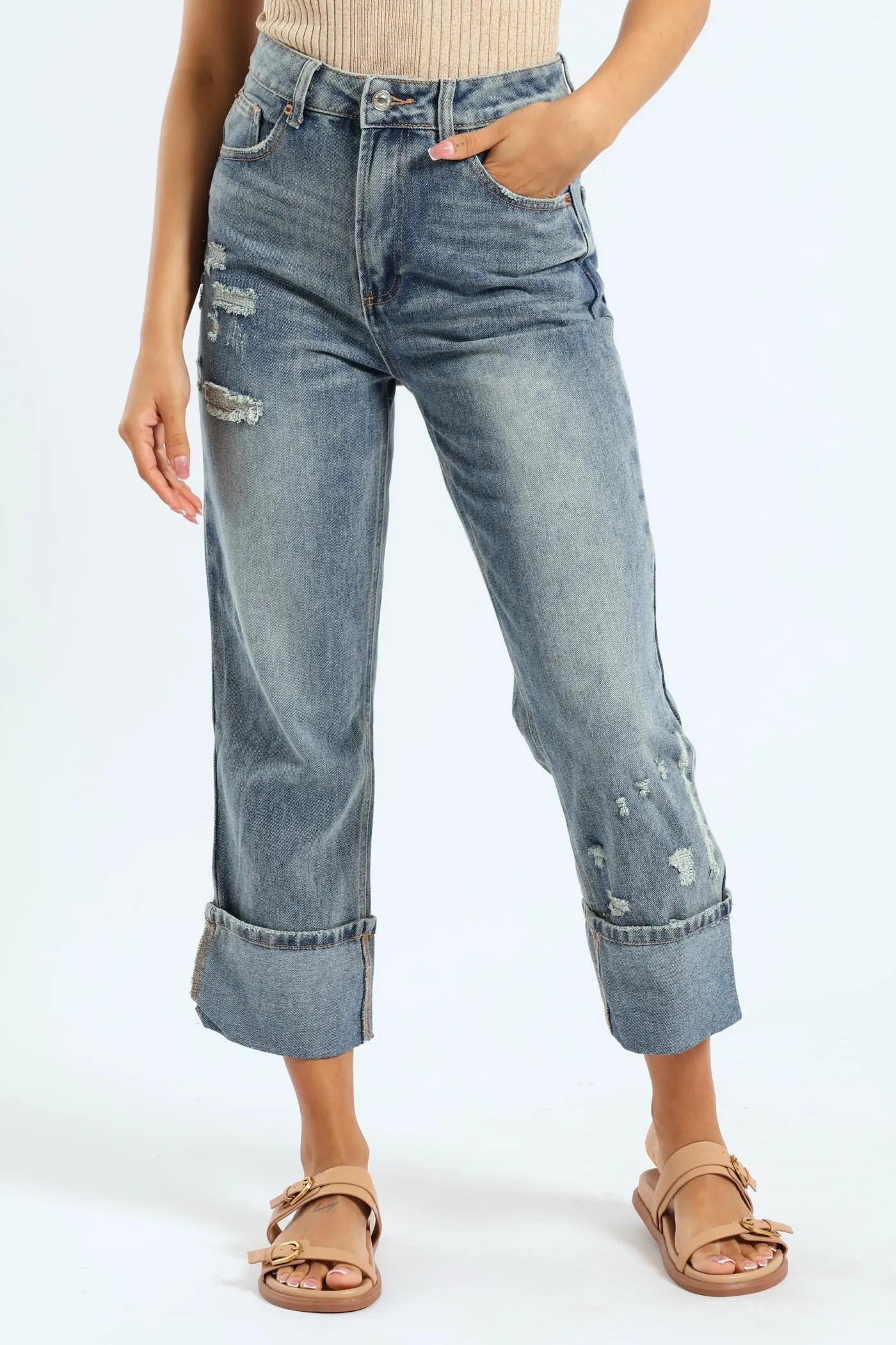 Mended Abrasion Turn-Up Hem Straight Leg Jean- Stonewash