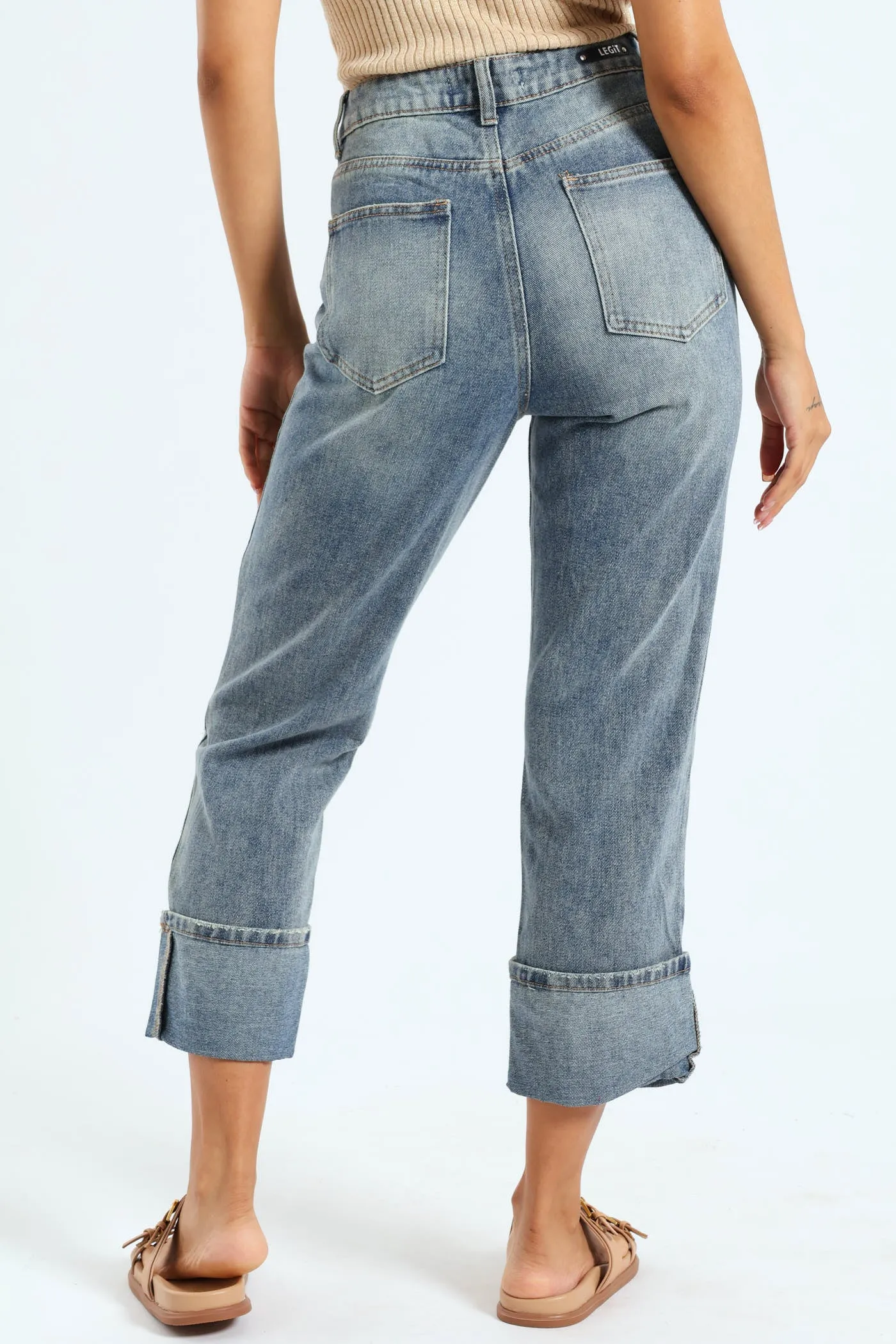 Mended Abrasion Turn-Up Hem Straight Leg Jean- Stonewash