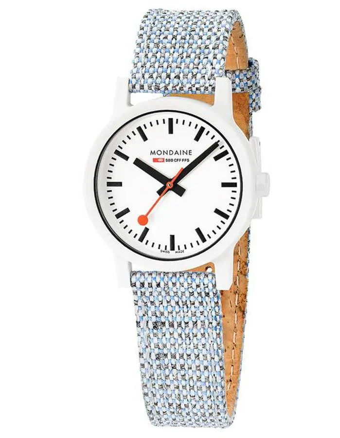 Mondaine Essence Womens Watch - White Case - Cork Lined Fabric Strap - 32mm