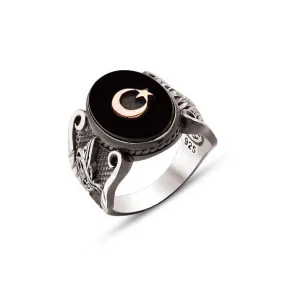 Moon and Star on Black Onyx Stone Small Ellipse Silver Men’s Ring Siding Silver Ottoman Tughra