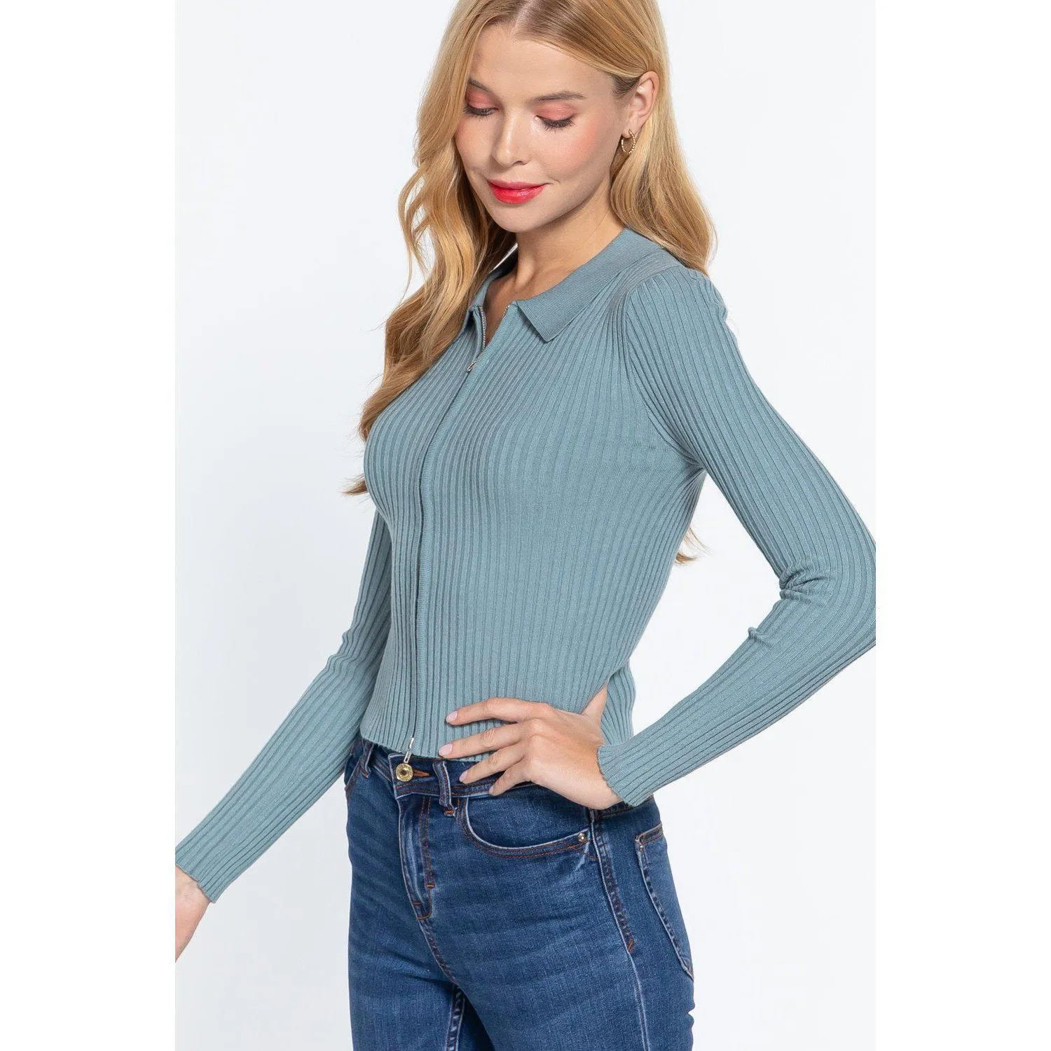 Notched Collar Zippered Sweater