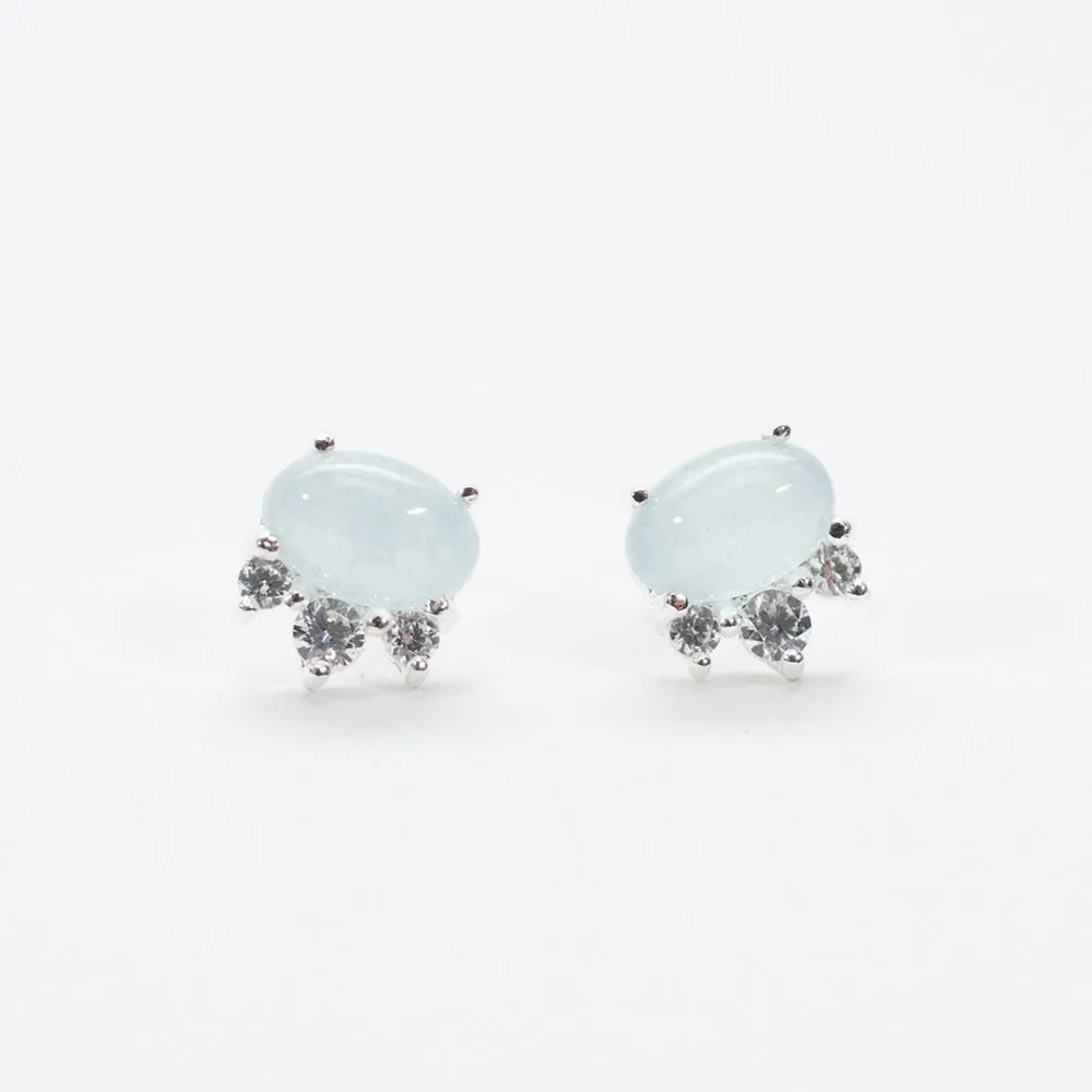 Oval Aquamarine & CZ Silver Studs