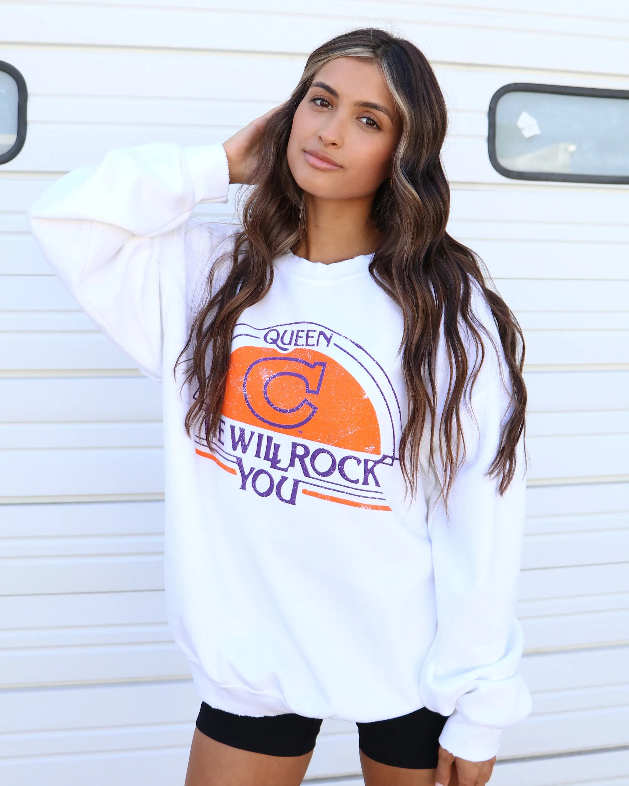 Queen Clemson Tigers Will Rock You White Thrifted Sweatshirt