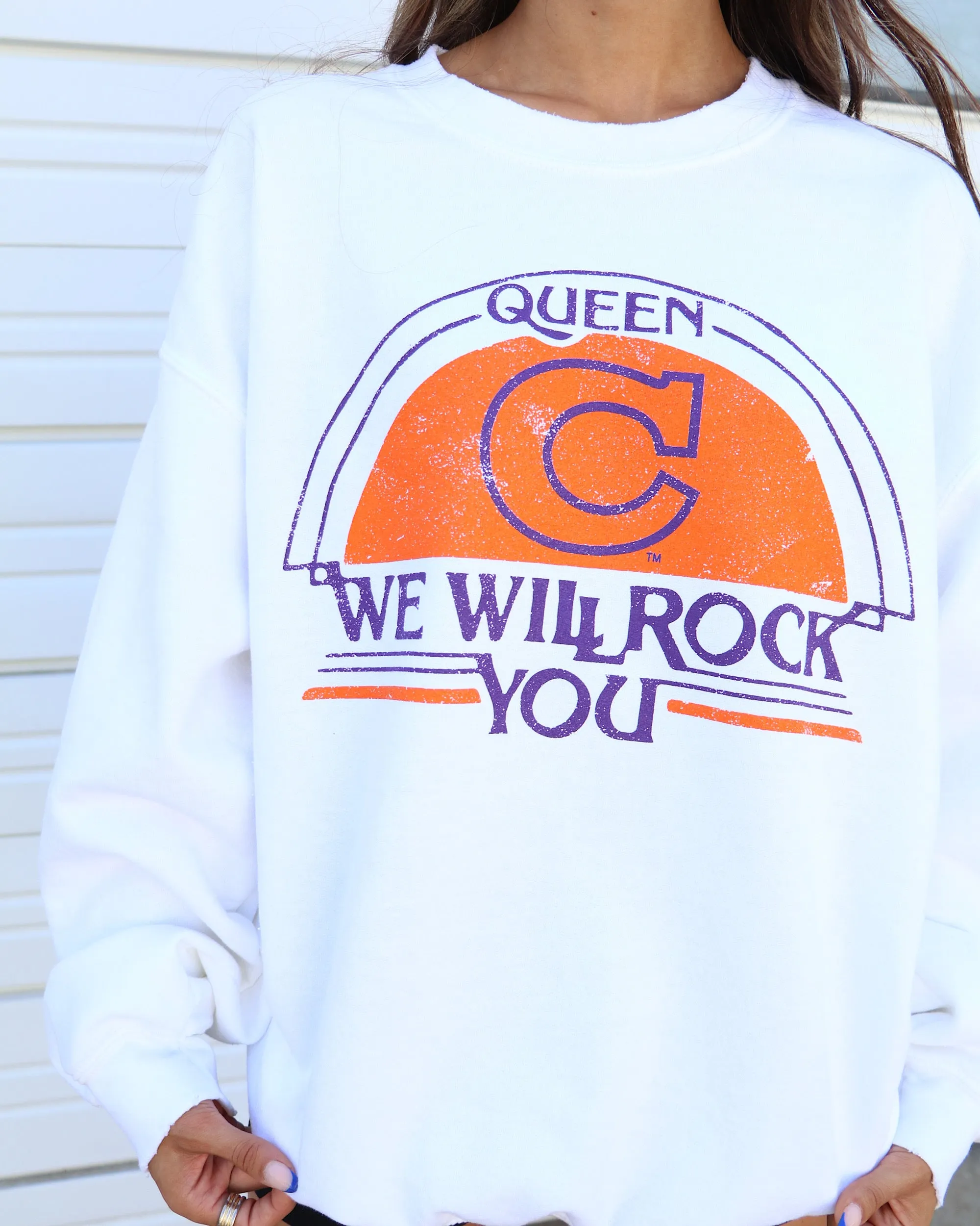 Queen Clemson Tigers Will Rock You White Thrifted Sweatshirt