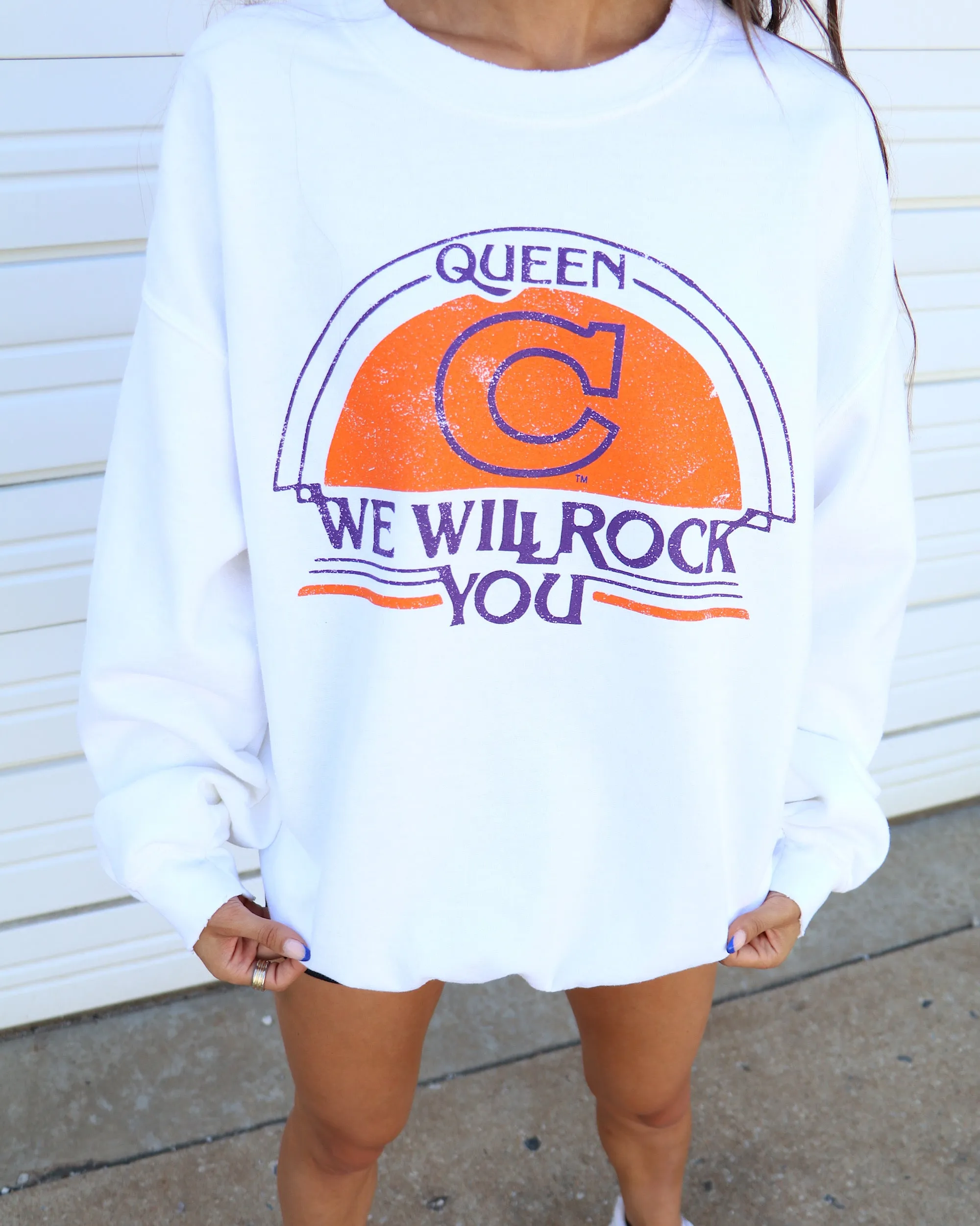 Queen Clemson Tigers Will Rock You White Thrifted Sweatshirt