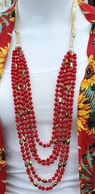 Red & Copper Crystal Beaded 5 Strand Layered Necklace