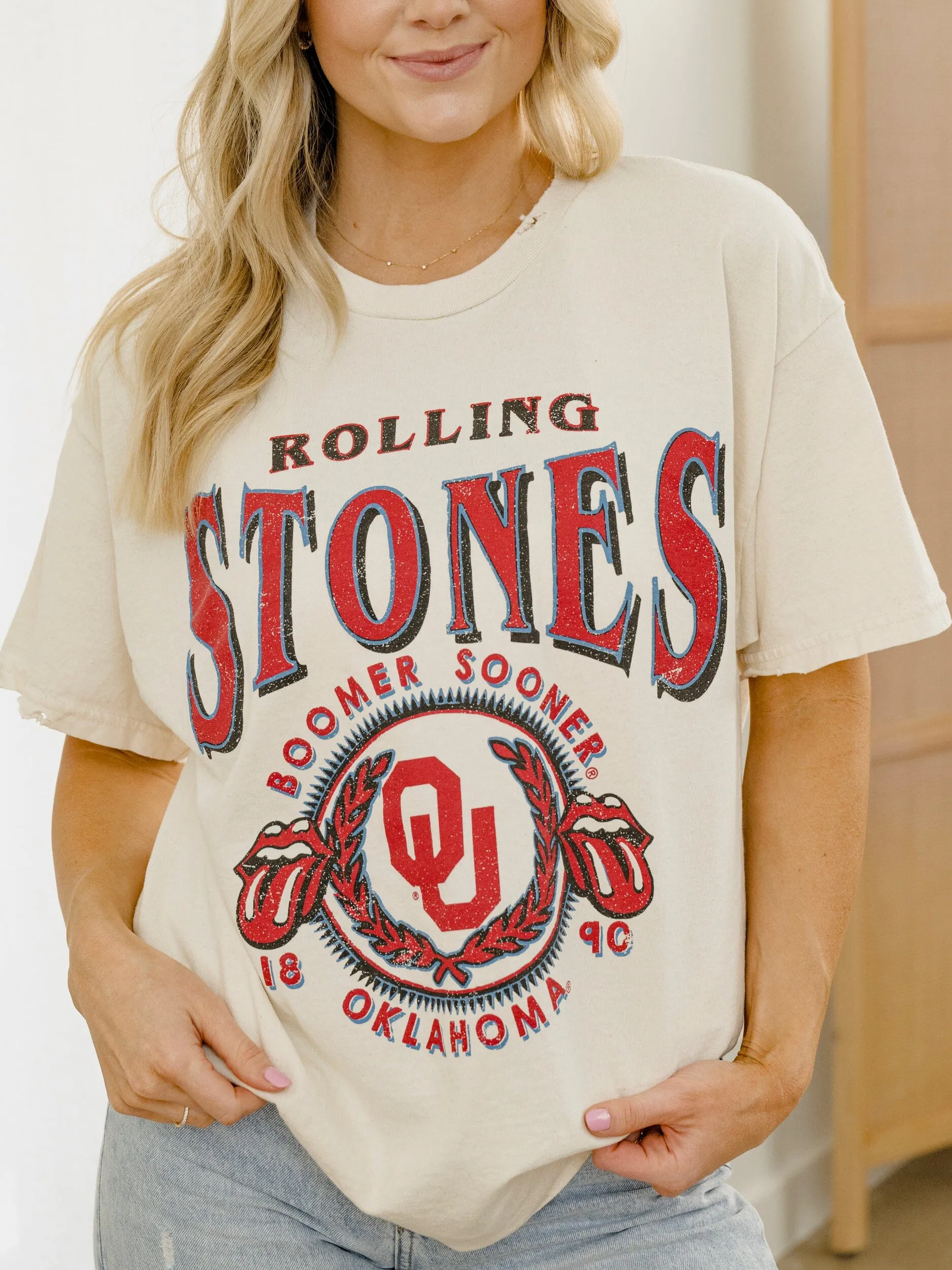 Rolling Stones OU College Seal Off White Thrifted Tee