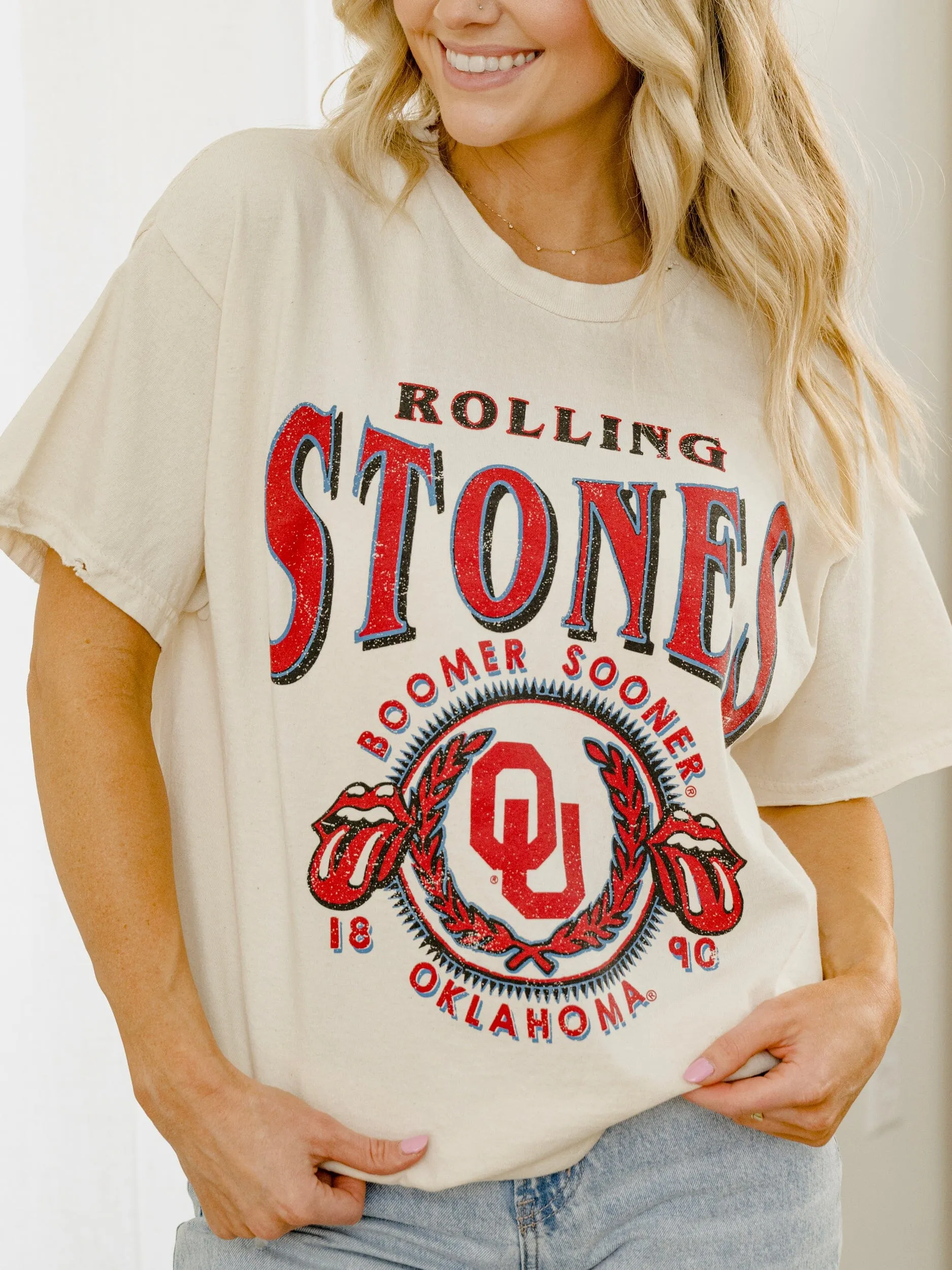 Rolling Stones OU College Seal Off White Thrifted Tee