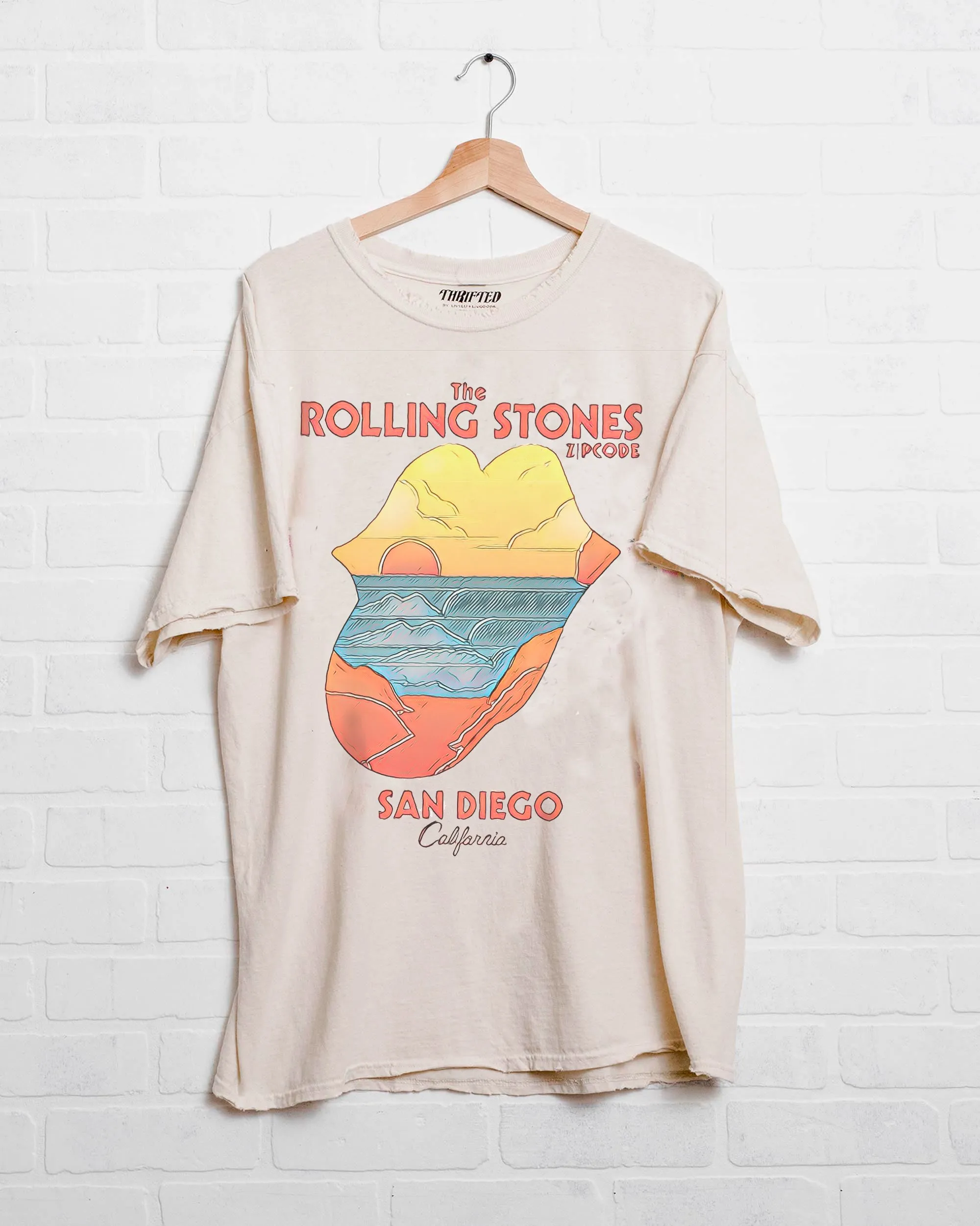 Rolling Stones Zip Code San Diego Off White Thrifted Distressed Tee