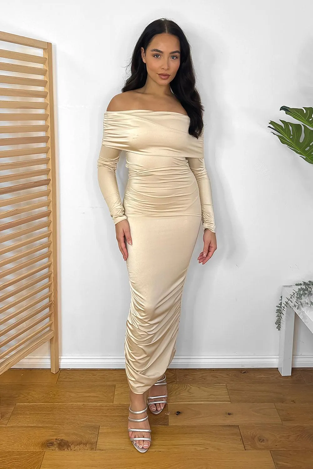 Ruched Satin Off Shoulder Maxi Dress