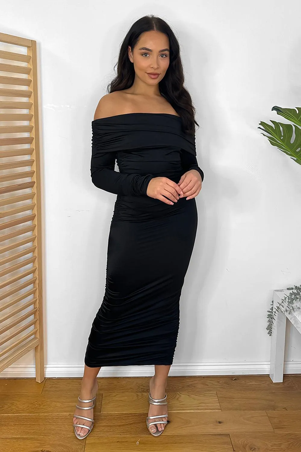 Ruched Satin Off Shoulder Maxi Dress