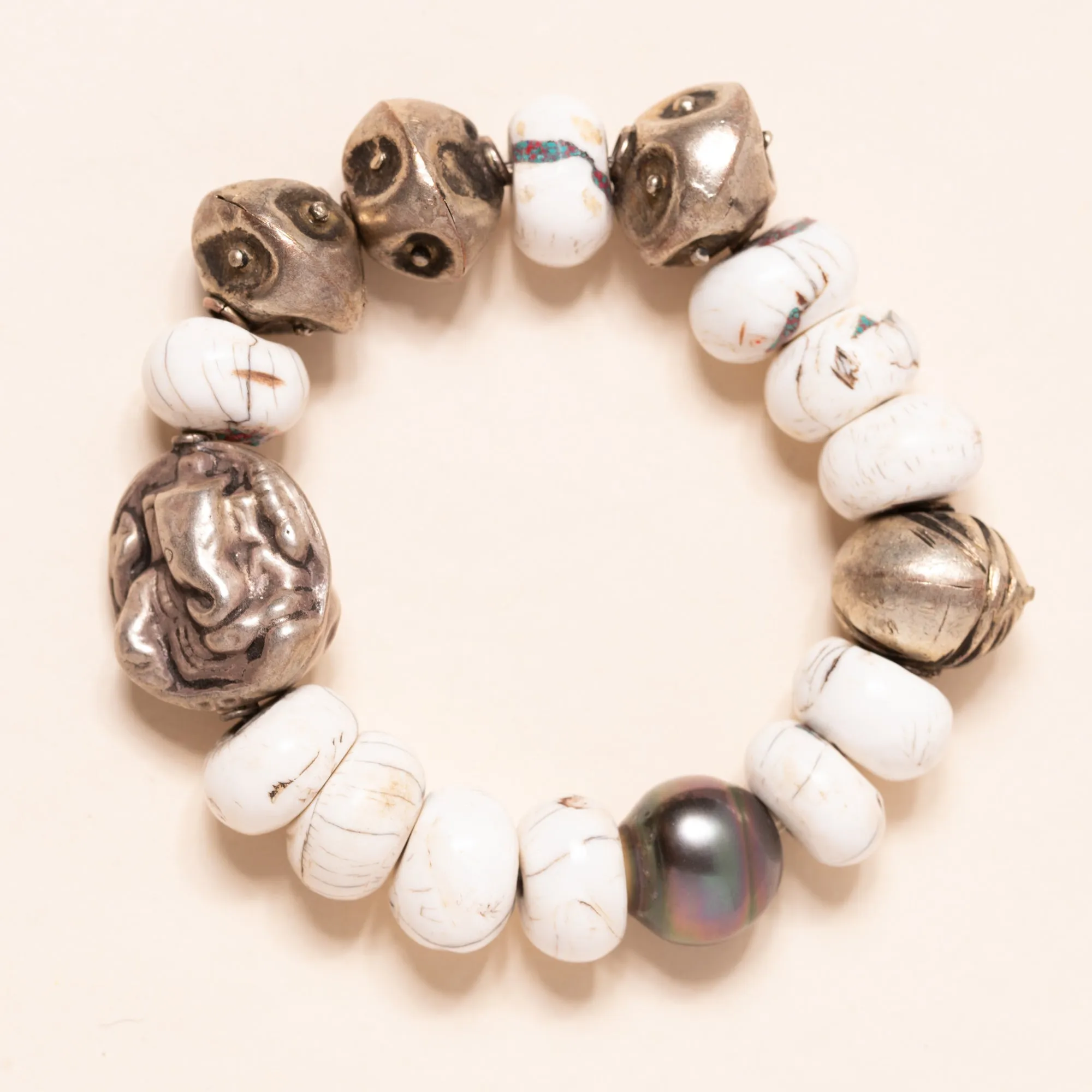 Shell and African Brass with Tahitian Pearl and Silver Ganesha Bead