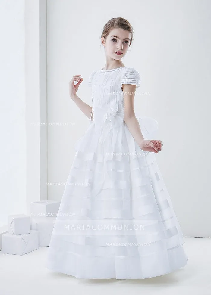 Short Sleeve Ball Gown Organza First Communion Dress With Beaded Bodice