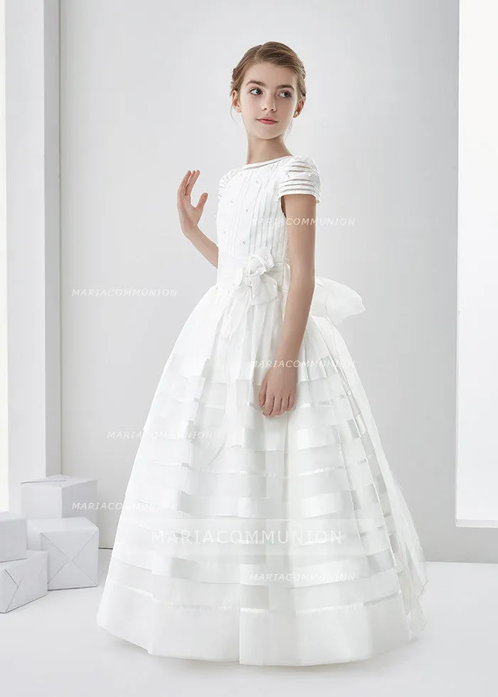 Short Sleeve Ball Gown Organza First Communion Dress With Beaded Bodice