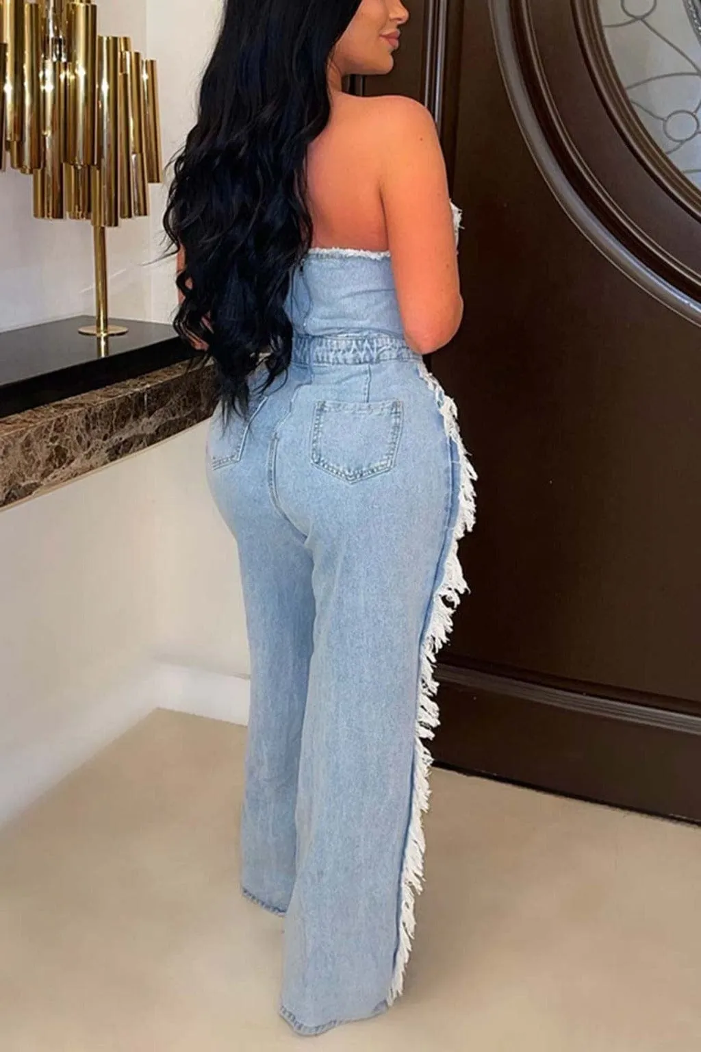 Step Back Distressed Denim Jumpsuit - Light Blue