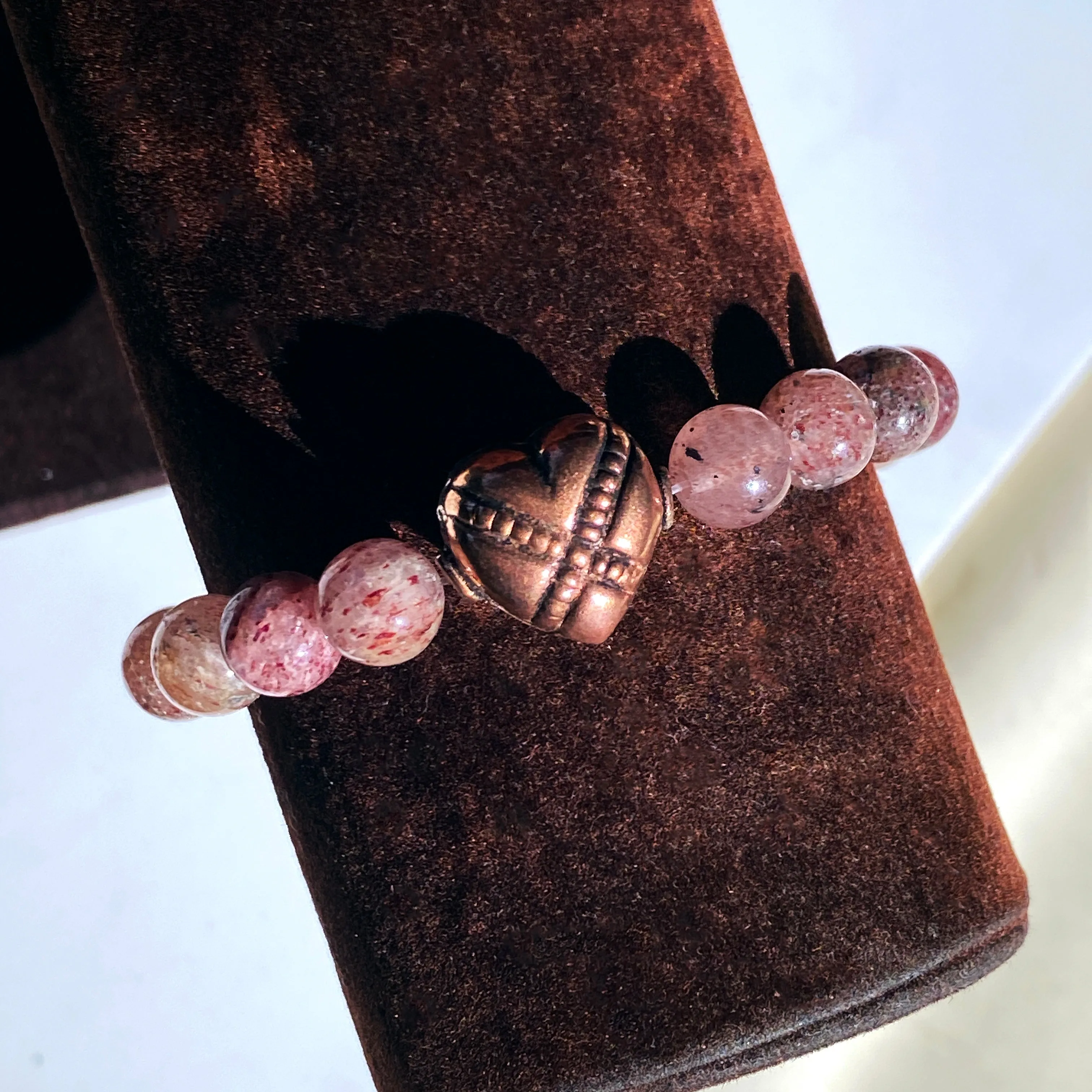 Strawberry Quartz and Copper Heart Bracelet