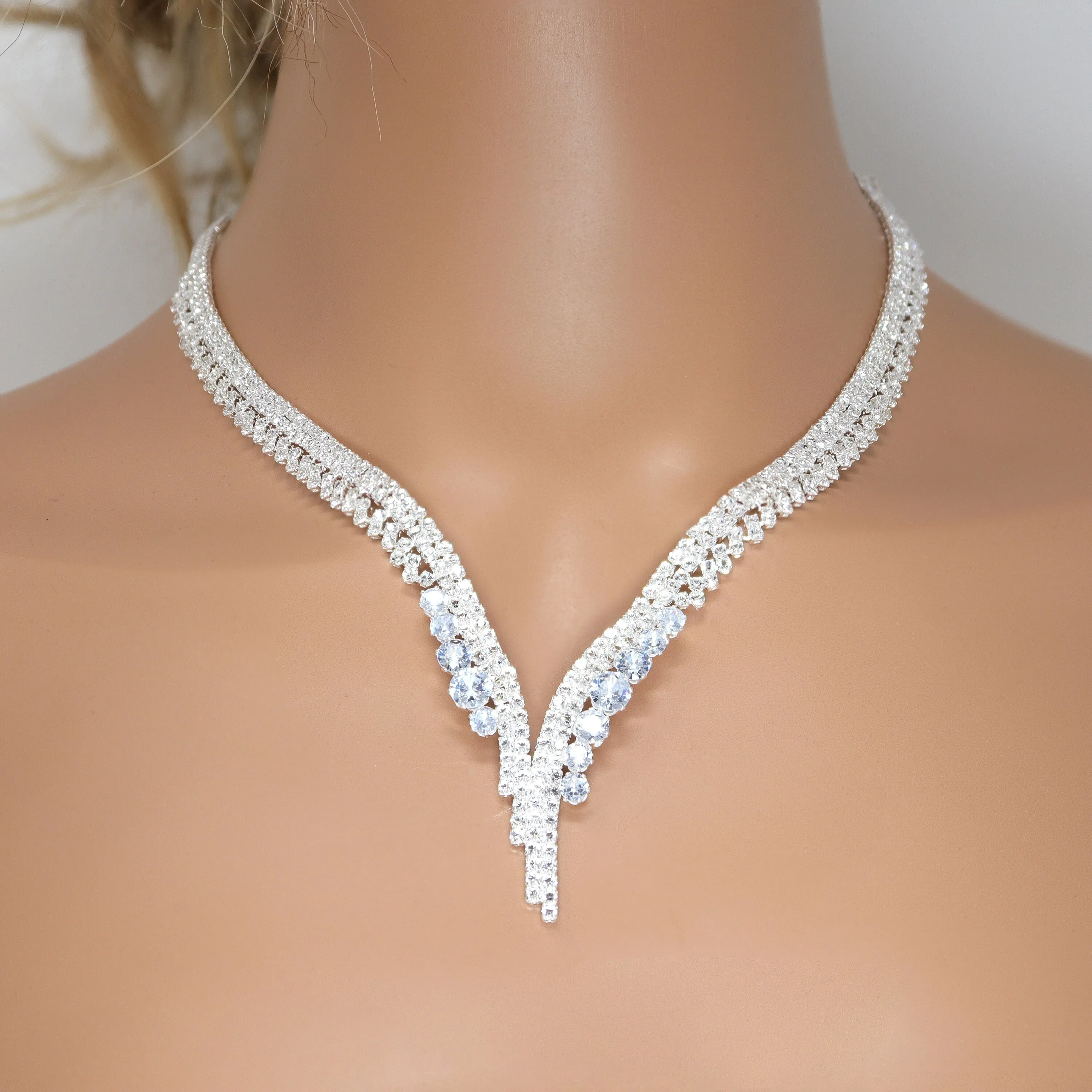 Swarovski Crystal Silver V-Shaped Leaves Droplets Diamond/Crystal Necklace Set, Bridal Necklace Set, Bridal Jewelry, Statement Necklace