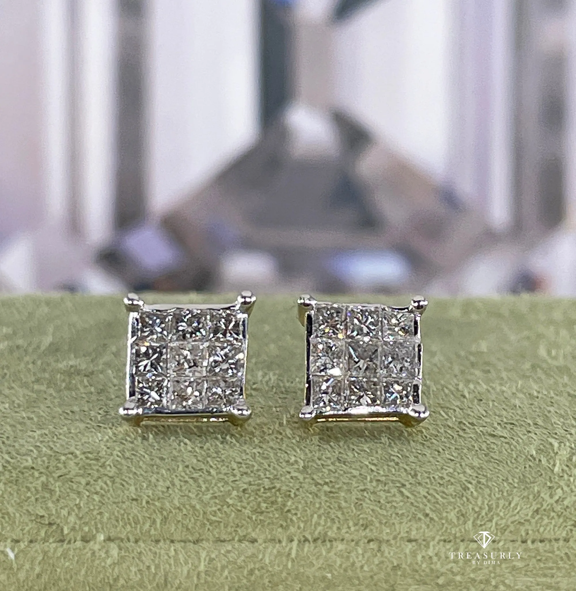 Unisex Invisible Set 1.50ctw Princess Cut Diamond Vintage Stud-Earrings 14k Gold