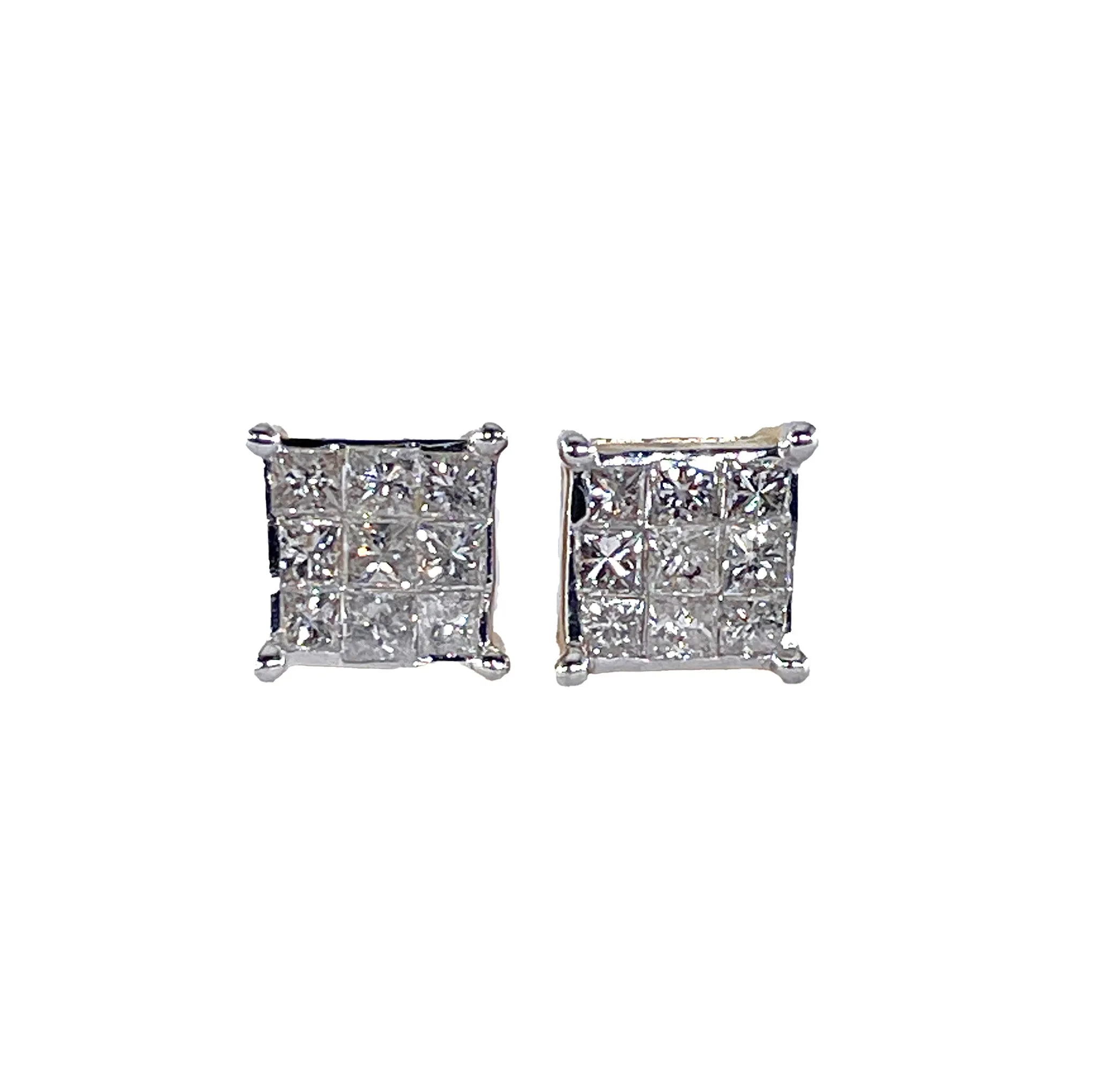 Unisex Invisible Set 1.50ctw Princess Cut Diamond Vintage Stud-Earrings 14k Gold