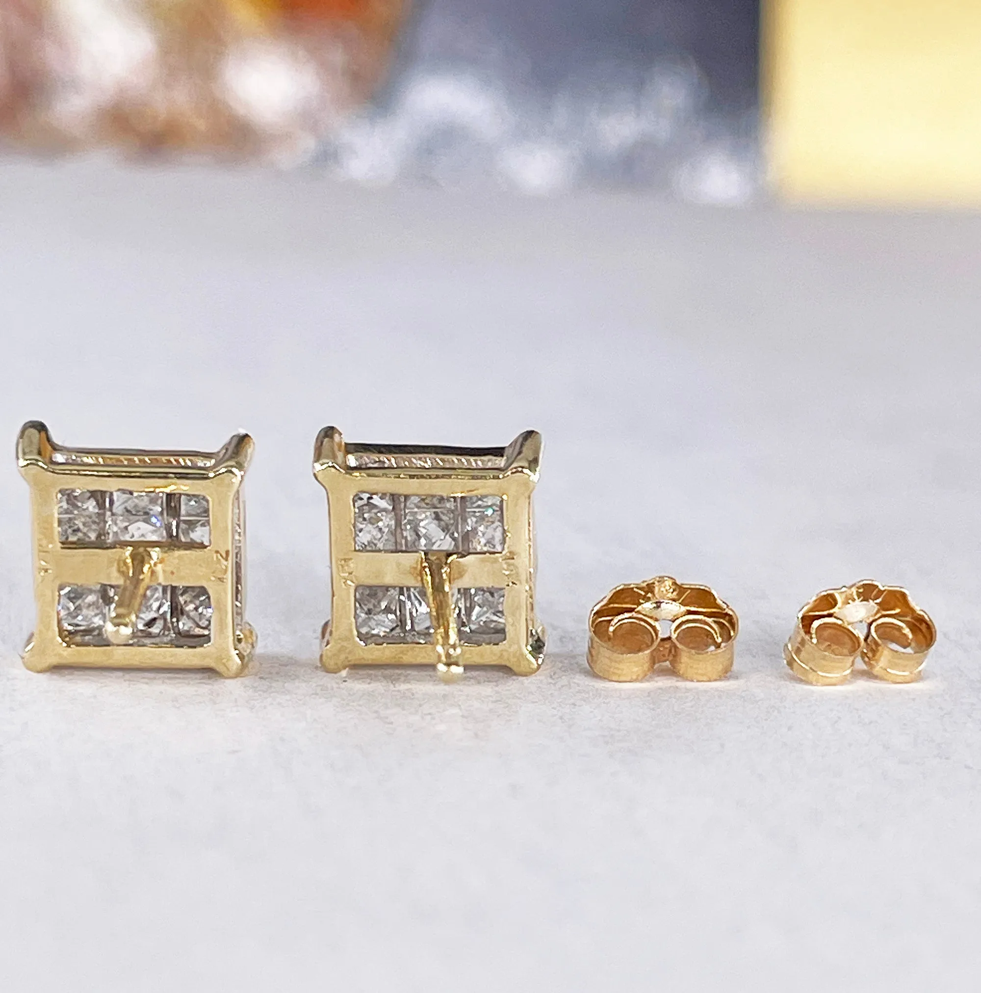 Unisex Invisible Set 1.50ctw Princess Cut Diamond Vintage Stud-Earrings 14k Gold