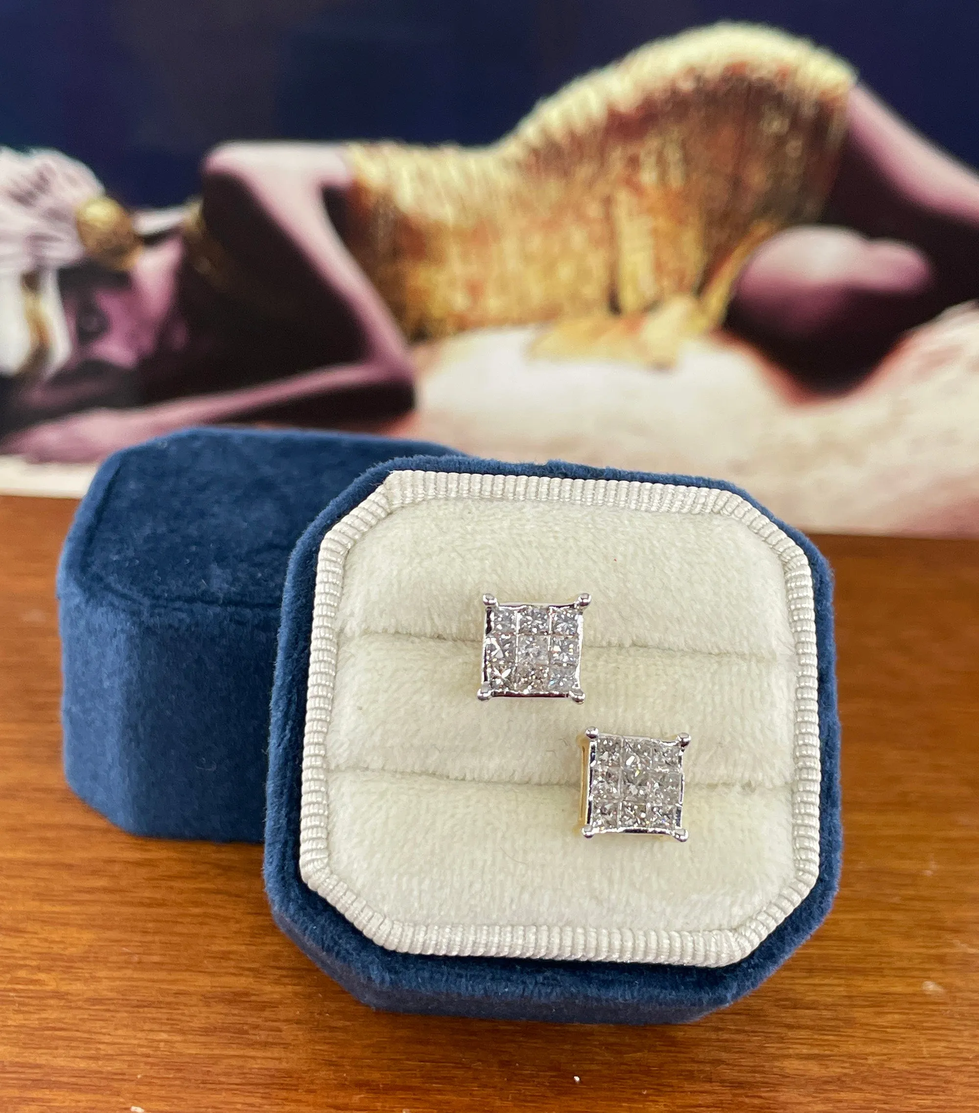 Unisex Invisible Set 1.50ctw Princess Cut Diamond Vintage Stud-Earrings 14k Gold