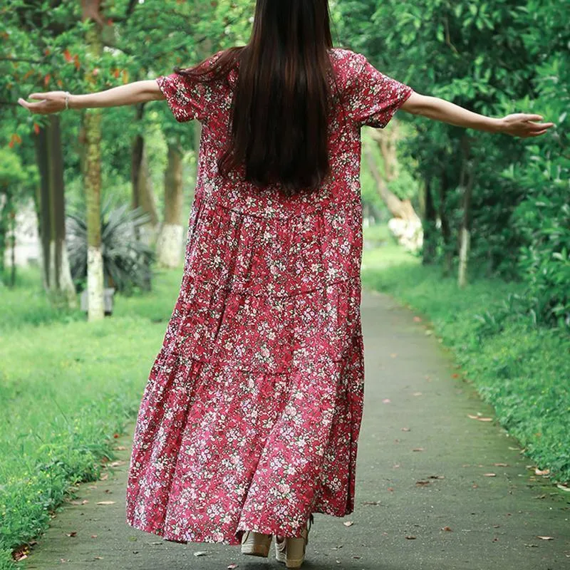 Women Crew Neck Floral Button Front Maxi Short Sleeve Dress