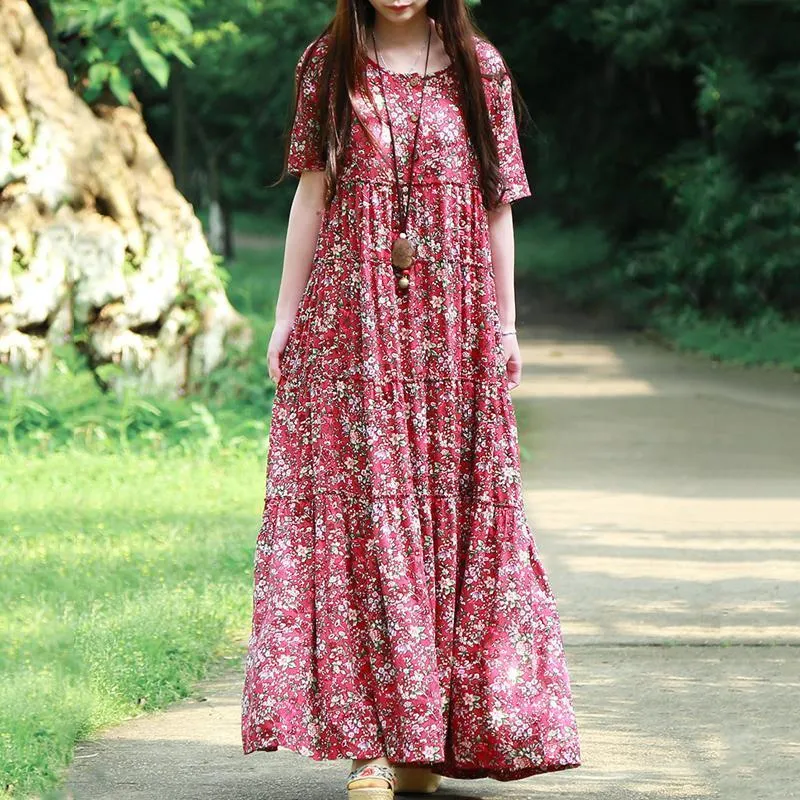 Women Crew Neck Floral Button Front Maxi Short Sleeve Dress