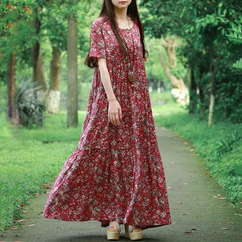 Women Crew Neck Floral Button Front Maxi Short Sleeve Dress