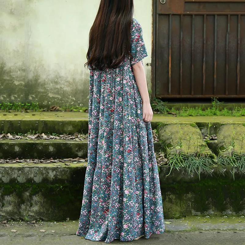 Women Crew Neck Floral Button Front Maxi Short Sleeve Dress