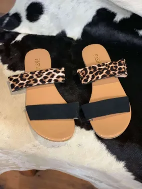 Women's Black and Leopard Print Sandal