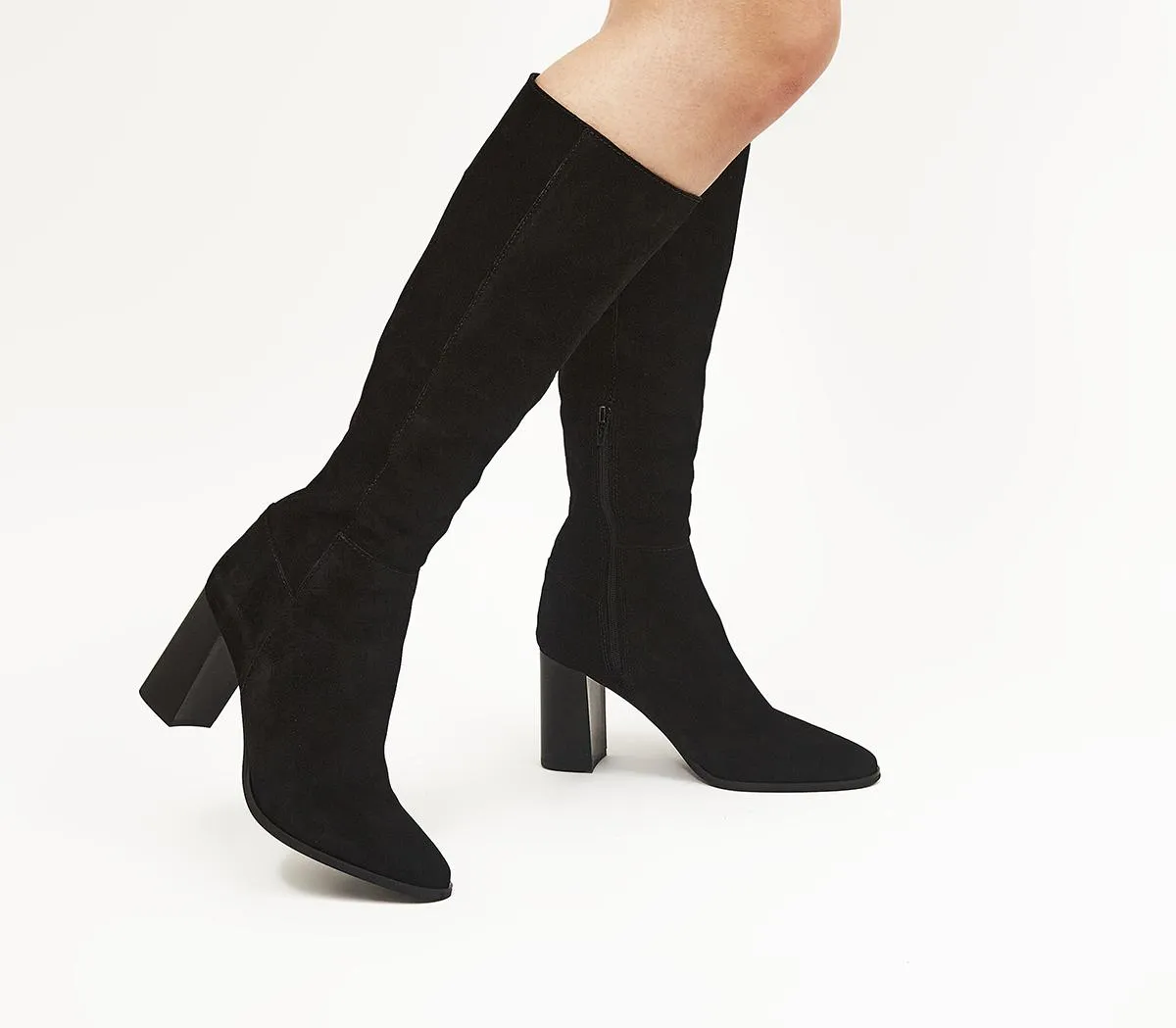 Womens Office Kendra Almond Toe Block Heel Knee Boots Black Suede