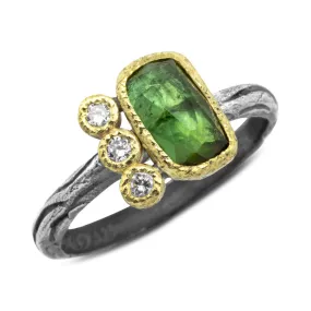 Wood Grain Green Tourmaline Ring with diamonds