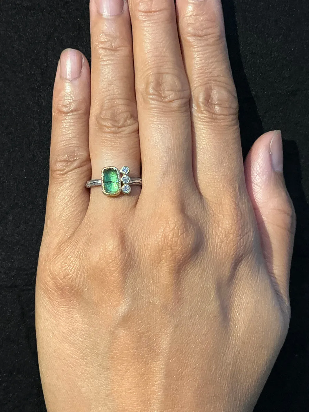 Wood Grain Green Tourmaline Ring with diamonds