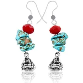 Yoga Earrings with Buddha, Red Crystal and Turquoise