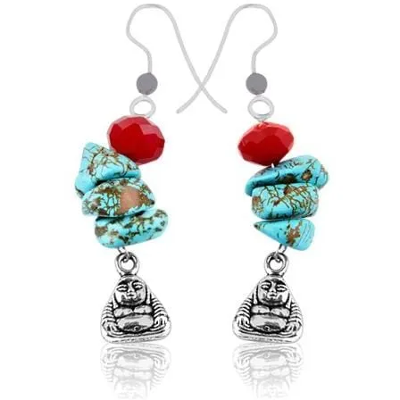 Yoga Earrings with Buddha, Red Crystal and Turquoise